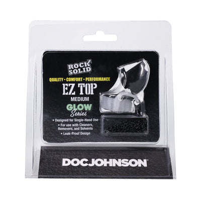 Rock Solid EZ Top Medium glow-in-the-dark cap with lanyard in clear retail packaging by Doc Johnson.