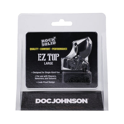 Rock Solid EZ Top Large black cap in clear retail packaging with lanyard for single-hand use and leak-proof design.