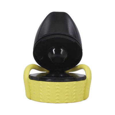Close-up of Rock Solid EZ Top Medium Yellow cap with textured grip and black flip-top lid.