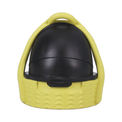 Black dome-shaped cap with textured yellow silicone grip and attached lanyard for easy handling and leak-proof sealing.