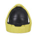 Black dome-shaped cap with textured yellow silicone grip and attached lanyard for easy handling and leak-proof sealing.