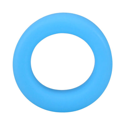 Blue glow-in-the-dark flexible silicone O-shaped ring with smooth finish on white background.