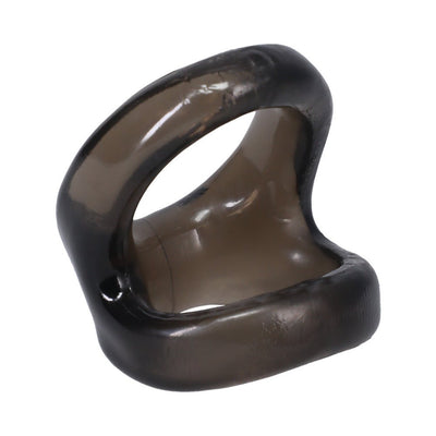 Translucent black flexible cock ring with dual loops designed for support and enhanced performance.