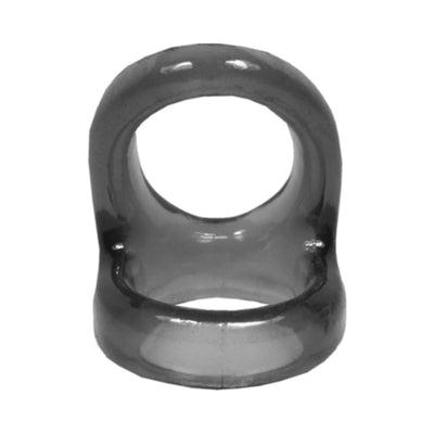 Transparent black flexible cock ring with dual openings for enhanced support and comfort.