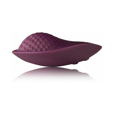Burgundy textured silicone wearable vibrator with smooth curved design and remote control compatibility.
