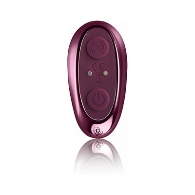 Burgundy oval-shaped remote control with two buttons and a glossy finish for Rocks Off Knickerbocker Glory vibrator.