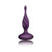 Purple velvet touch silicone plug with tapered, twisted design and wide base, shown with reflective surface beneath.