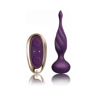 Purple velvet touch contoured anal plug with tapered tip and matching remote control with gold trim.