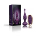 Purple contoured petite plug with tapered neck and matching remote control next to product packaging.