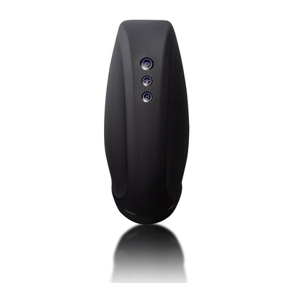 Sleek black rechargeable stroker with three illuminated control buttons on a smooth ergonomic body.