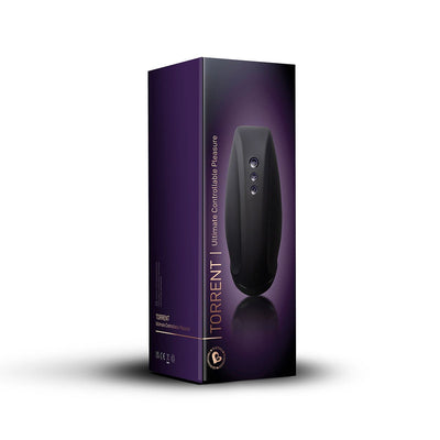 Packaging box of the Rocks Off Torrent rechargeable black stroker with purple and black design.