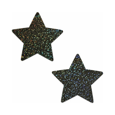 Pair of black glitter star-shaped adhesive pasties on white background