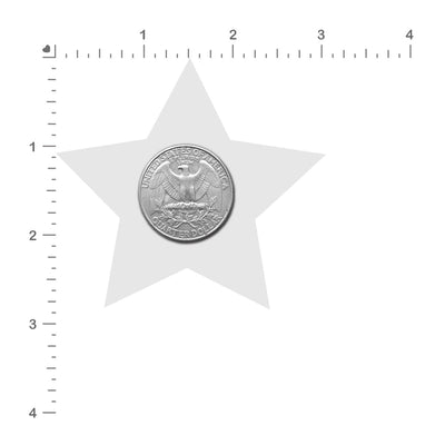 Silver glitter star-shaped pastie with a US quarter coin for size comparison on a white background.