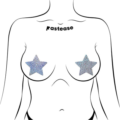 Illustration of a torso wearing silver glitter star-shaped pasties on the chest.