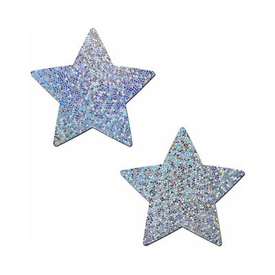 Pair of silver glitter star-shaped pasties with a sparkling holographic finish on white background