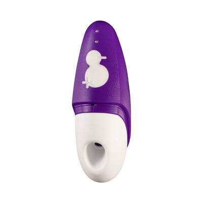 Purple and white ROMP Discreet Suction Vibrator with ergonomic design and two-button control panel.