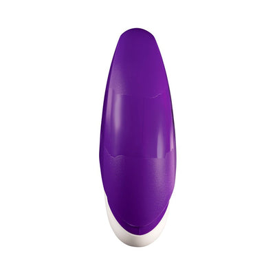 Compact purple and white ROMP Discreet Suction Vibrator with smooth ergonomic design and silicone suction head.