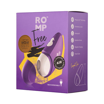 Purple ROMP Free clitoral air pulsation vibrator packaging highlighting features and compact size.