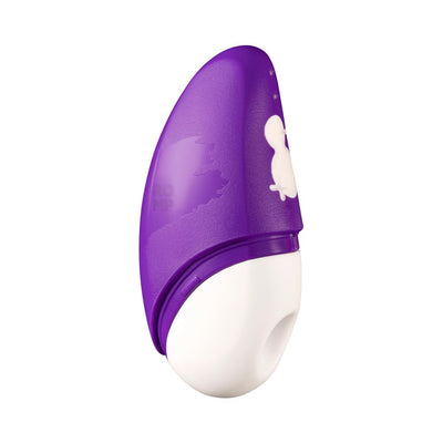 Compact purple and white ROMP Discreet Suction Vibrator with ergonomic design and simple two-button control panel.