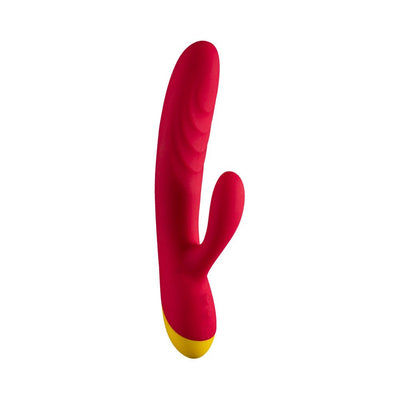 Magenta dual-stimulation rabbit vibrator with textured shaft and yellow base, USB rechargeable and waterproof design.
