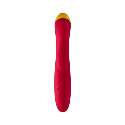 Magenta and yellow dual-stimulation rabbit vibrator with textured silicone body and ergonomic design.