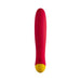Magenta and yellow ergonomic silicone vibrator with smooth, rounded tip and simple two-button control base.