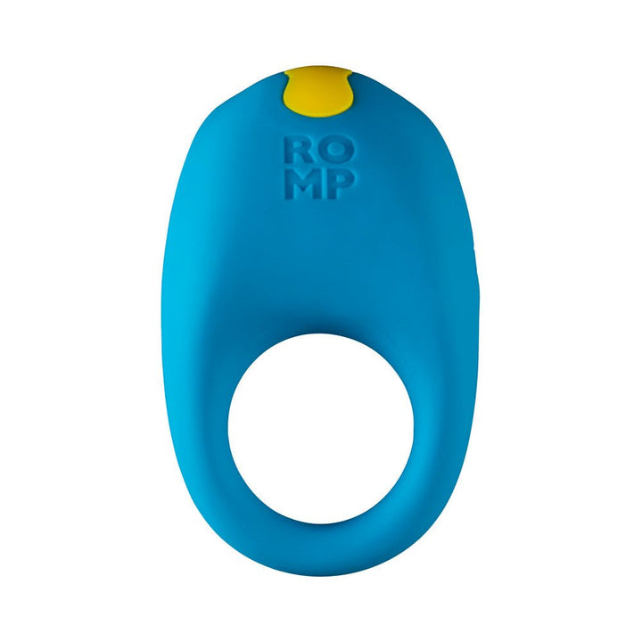 Light blue flexible silicone vibrating ring with yellow button and ROMP logo embossed on top.
