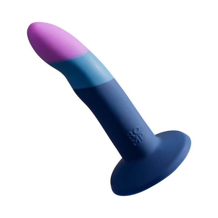 Curved silicone ROMP Piccolo dildo in blue and purple with flared base and smooth finish.