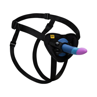 Adjustable black harness with a blue and purple silicone dildo attached, designed for pegging play.