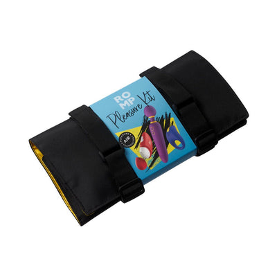 Black roll-up bag with ROMP Pleasure Kit packaging featuring images of three colorful vibrators on a blue label.