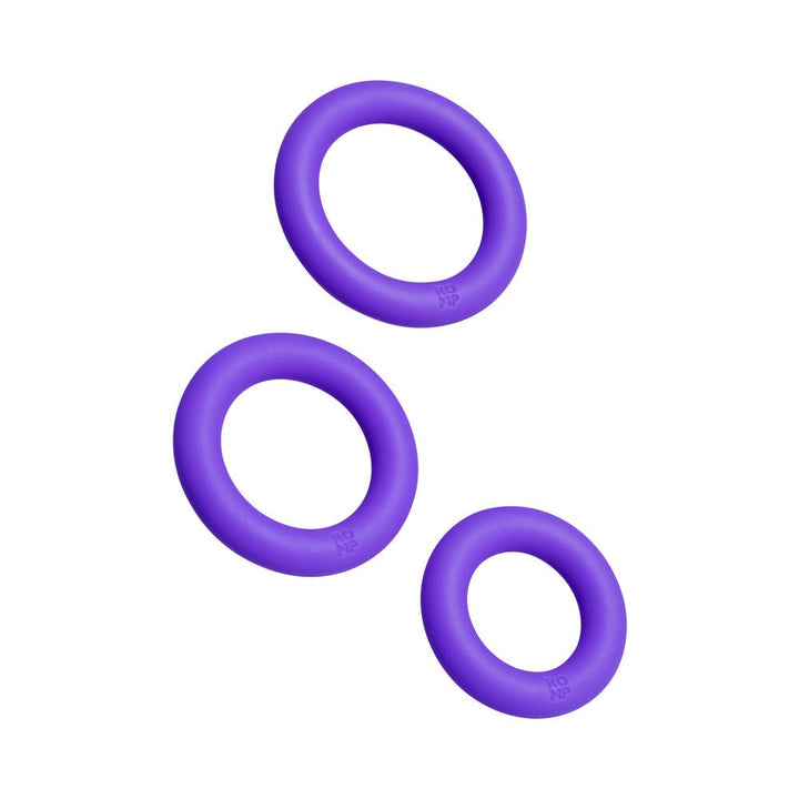 Set of three purple silicone stretch rings in small, medium, and large sizes for versatile wear.