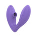Purple dual-arm vibrator with clitoral suction and textured G-spot stimulator, made of smooth silicone.