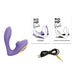 Purple ROMP Reverb dual stimulator with USB charging cable and two instruction booklets on a white background.