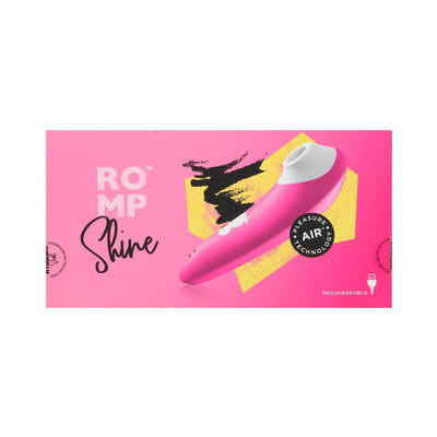 Romp Shine Pink clitoral air vibrator with Pleasure Air technology shown on bright pink packaging with yellow and black accents.
