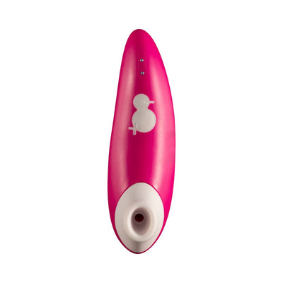 Hot pink Romp Shine clitoral air vibrator with white suction head and simple two-button control panel.
