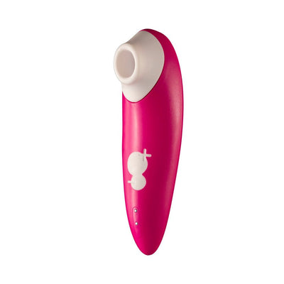 Hot pink Romp Shine clitoral air vibrator with white silicone suction head and simple two-button controls.