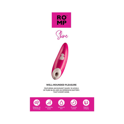 Hot pink Romp Shine clitoral air vibrator with white suction head and icons highlighting 10 intensity levels, waterproof, and magnetic charging.