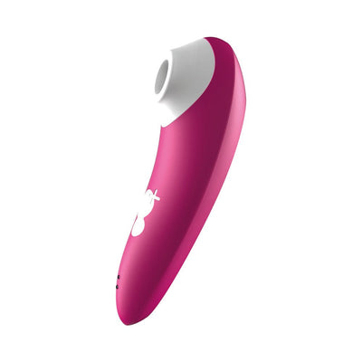 Hot pink and white clitoral air pulsator with ergonomic design and two-button control panel.