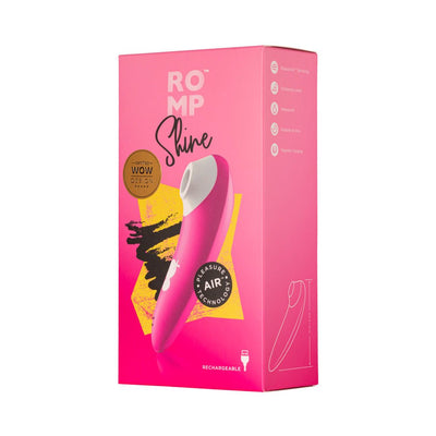 Packaging box of Romp Shine Pink clitoral air vibrator with product image and key features in bright pink design