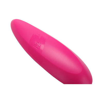 Close-up of the hot pink Romp Shine Pink clitoral air vibrator with smooth, sleek surface and embossed logo.