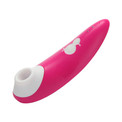 Hot pink Romp Shine clitoral air vibrator with white silicone suction head and two-button control on handle.