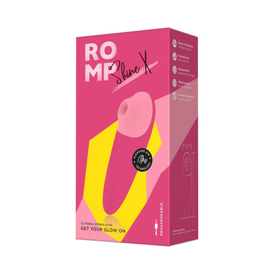 Packaging of Romp Shine X pink clitoral stimulator with Pleasure Air Technology and rechargeable design.