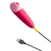 Pink ROMP Shine X silicone personal massager with USB charging cable on white background