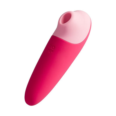 Pink and red ROMP Shine X silicone pleasure device with a smooth, ergonomic design and rounded tip.