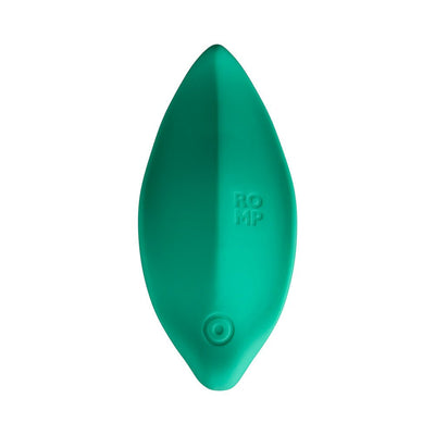 Leaf-shaped mint green Romp Wave vibrator made of smooth silicone with embossed logo and single button control.