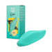 Mint green leaf-shaped Romp Wave vibrator with packaging highlighting features and rechargeable design.