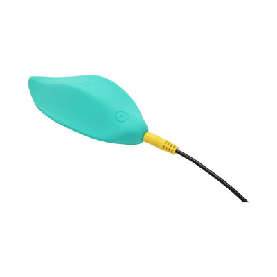 Mint green leaf-shaped Romp Wave vibrator connected to a yellow and black charging cable on white background.