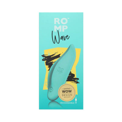 Romp Wave Mint rechargeable vibrator in teal packaging with certified design award badge.