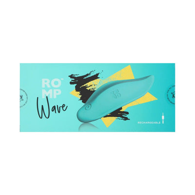 Romp Wave Mint rechargeable leaf-shaped vibrator in teal with sleek ergonomic design on matching teal packaging.