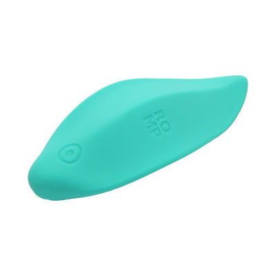 Mint green leaf-shaped Romp Wave vibrator made of smooth silicone with embossed logo and power button.
